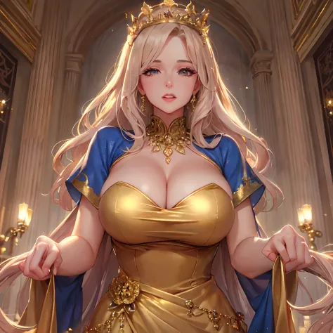 Queen wearing golden gown,big breast,full clothed