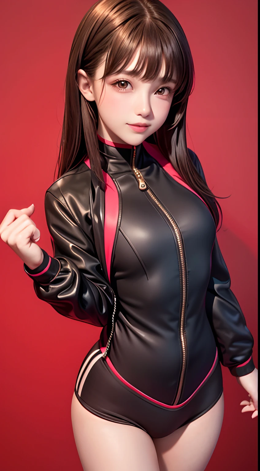 1girl, solo,underwaterbrown hair, brown eyes, parted lips, long sleeves, jacket, simple background, upper body, red background, looking at viewer, teeth, jacket, lips, cosplay, full body, smile，