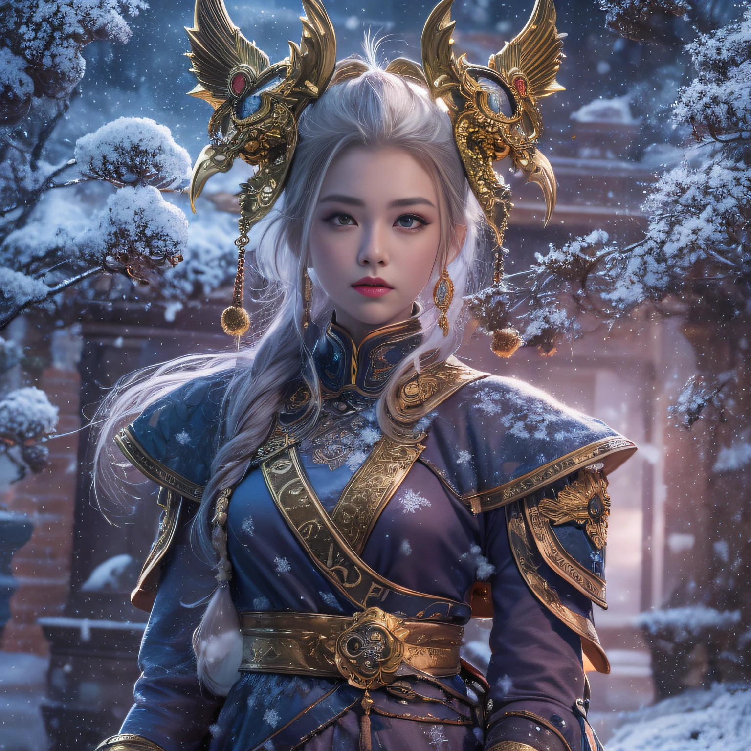 16k（tmasterpiece，k hd，hyper HD，16k）short detailed hair，backrooms，Snow Circle Woman ，Two Golden Dragon Protectors （realisticlying：1.4），Python robe，Purple apron，Snowflakes fluttering，The background is pure， A high resolution， the detail， RAW photogr， Sharp Re， Nikon D850 Film Stock Photo by Jefferies Lee 4 Kodak Portra 400 Camera F1.6 shots, Rich colors, ultra-realistic vivid textures, Dramatic lighting, Unreal Engine Art Station Trend, cinestir 800，