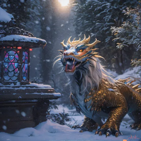 16k（tmasterpiece，k hd，hyper HD，16k）short detailed hair，Vintage train sleeper area，Snow ring masculinity ，Two Golden Dragon Protectors （realisticlying：1.4），Python robe，Purple apron，Snowflakes fluttering，The background is pure， A high resolution， the detail，...