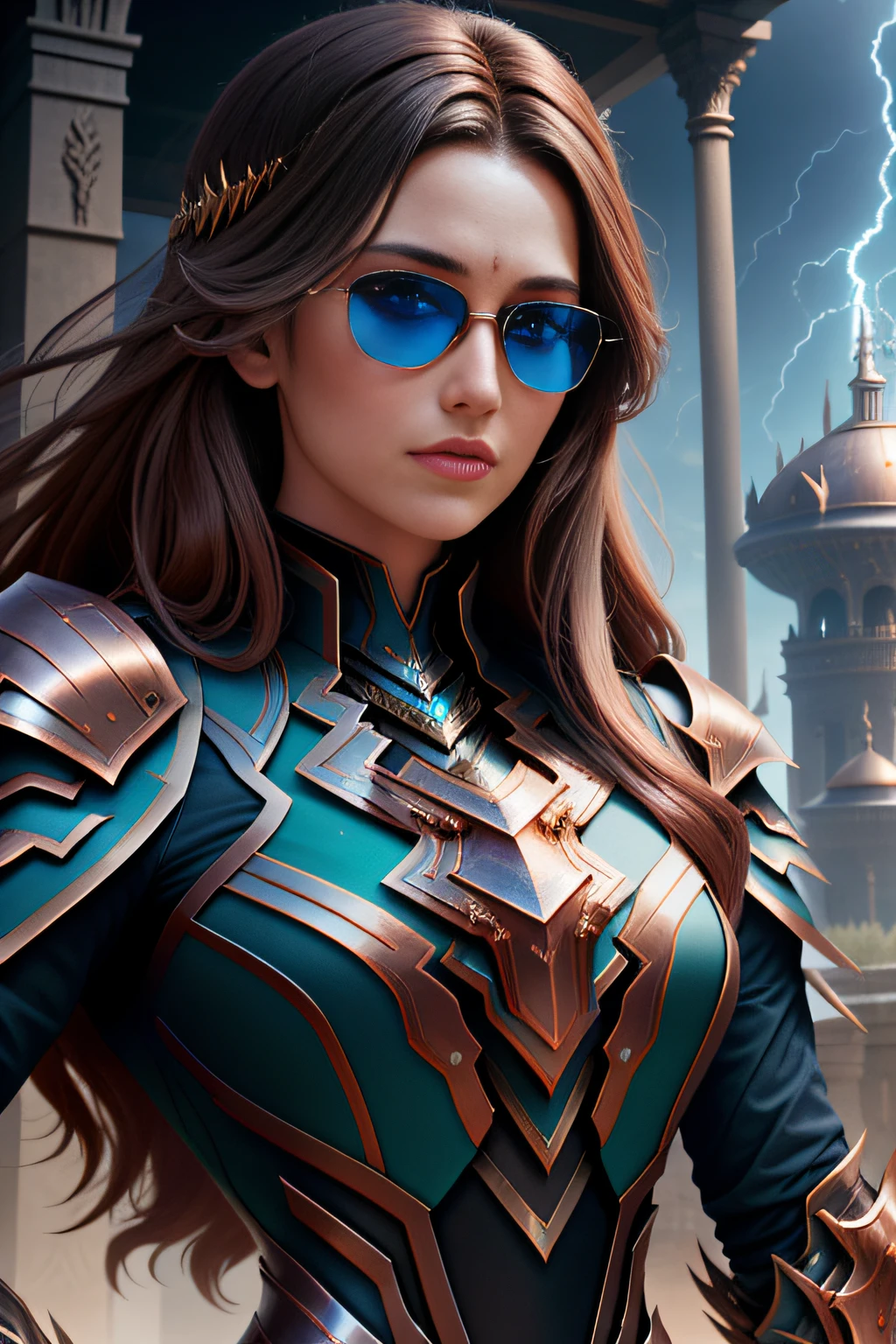 Elastic photos [Siren|sorceress woman] , Thunderball, An armored woman wearing sunglasses,salama ,wearing edgThunderstruck_Armor, electrified, weilding thunder, Perfect face, Pretty face, Brown eyes, copper-haired, Big hair, Flat chest, lush detailing, absurderes,