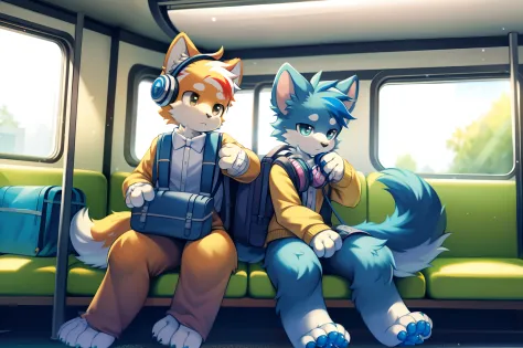 hsnkl, masterpiece, high quality, duo, furry boy, cub, paw, blue fur, streaked fur, sitting by the train window, gazing outside, inside train, young, curious, daydreaming, school bag, headphones, passing scenery