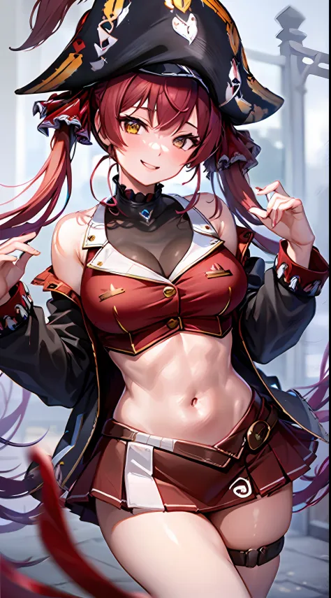 1girl, solo, ((Houshou Marine)), long twintails, (red hair ribbon), large breasts, smiling, thighs, Pirate Hat, Red miniskirt,