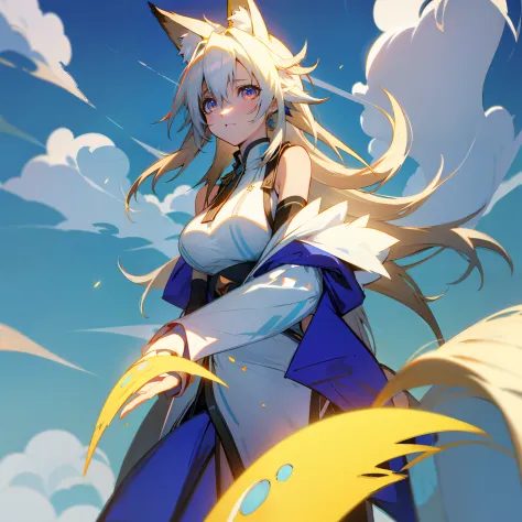 White-haired girl，fox ear，adolable，Big jewel-like eyes，with blue sky and white clouds
