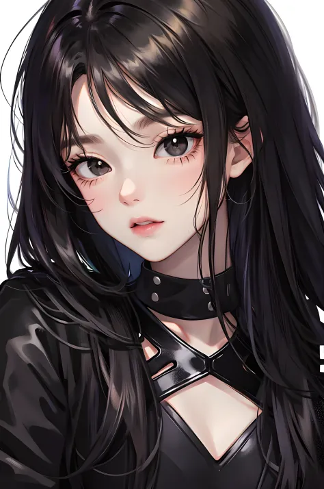 Close-up, anime girl, black and long hair, black eyes, black clothes, white background