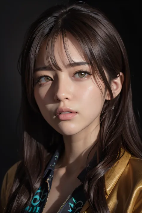 Close up portrait of long-haired woman in jacket, 8K portrait rendering, Realistic. cheng yi, kawaii realistic portrait, realistic anime 3 d style, Photorealistic beautiful face, Realistic portrait photography, 🤤 girl portrait, realistic digital painting, ...