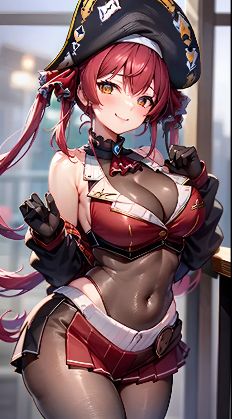1girl in, Solo, ((Houshou Marine)), Long twintails, (Red Hair Ribbon), Large breasts, Smiling, thighs thighs thighs thighs, Pirate Hat, Red miniskirt, Navel show、cleavage of the breast、Black knee-high、
