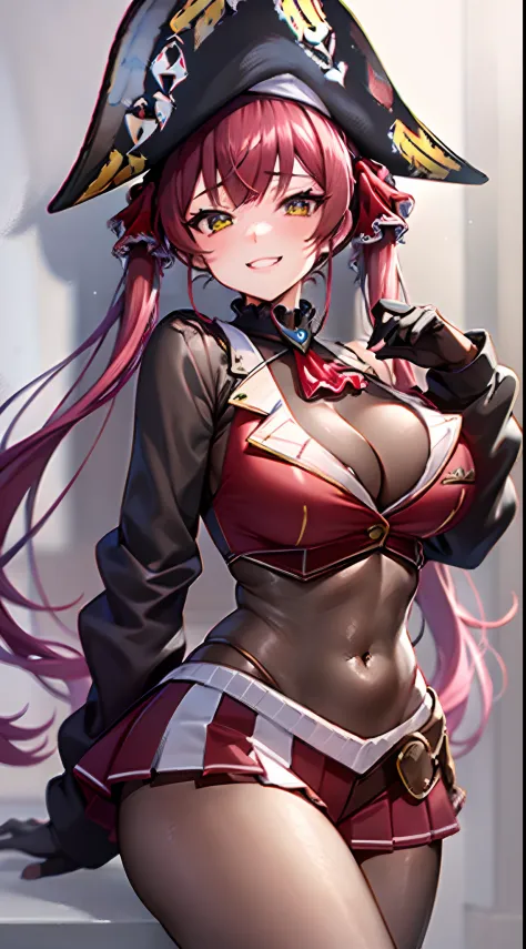 1girl in, Solo, ((Houshou Marine)), Long twintails, (Red Hair Ribbon), Large breasts, Smiling, thighs thighs thighs thighs, Pirate Hat, Red miniskirt, cleavage of the breast