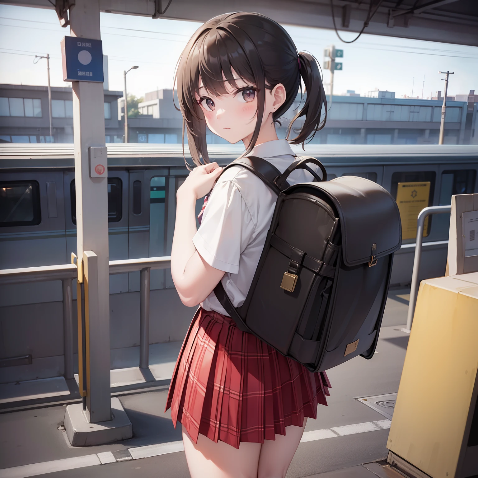masterpiece, best quality, high resolution, extremely detailed, detailed background, cinematic lighting, 1girl, looking at viewer, wear plaid shirt, medium skirt, pleated skirt, standing, full body, wearing randoseru backpack, (randoseru backpack:1.0), sunlight, waiting train, train station, standing in platform , city girl