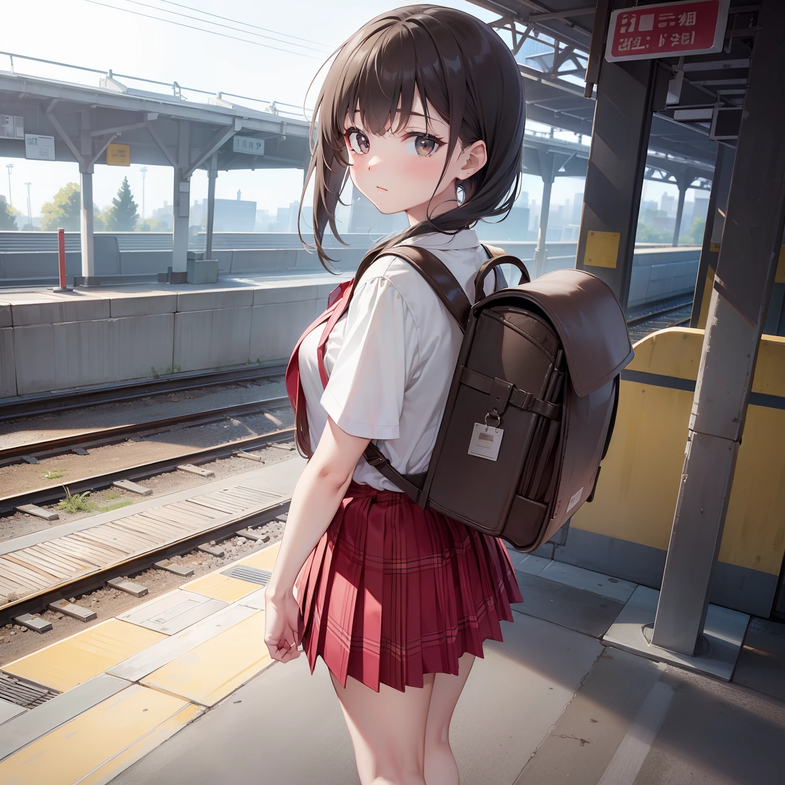 masterpiece, best quality, high resolution, extremely detailed, detailed background, cinematic lighting, 1girl, looking at viewer, wear plaid shirt, medium skirt, pleated skirt, standing, full body, wearing randoseru backpack, (randoseru backpack:1.0), sunlight, waiting train, train station, standing in platform , city girl
