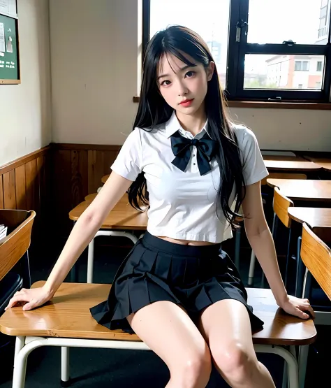 Long black hair, white skin, Chinese, young, thick eyebrows, black eyes, biting lips, white school uniform, green tie, small wai...