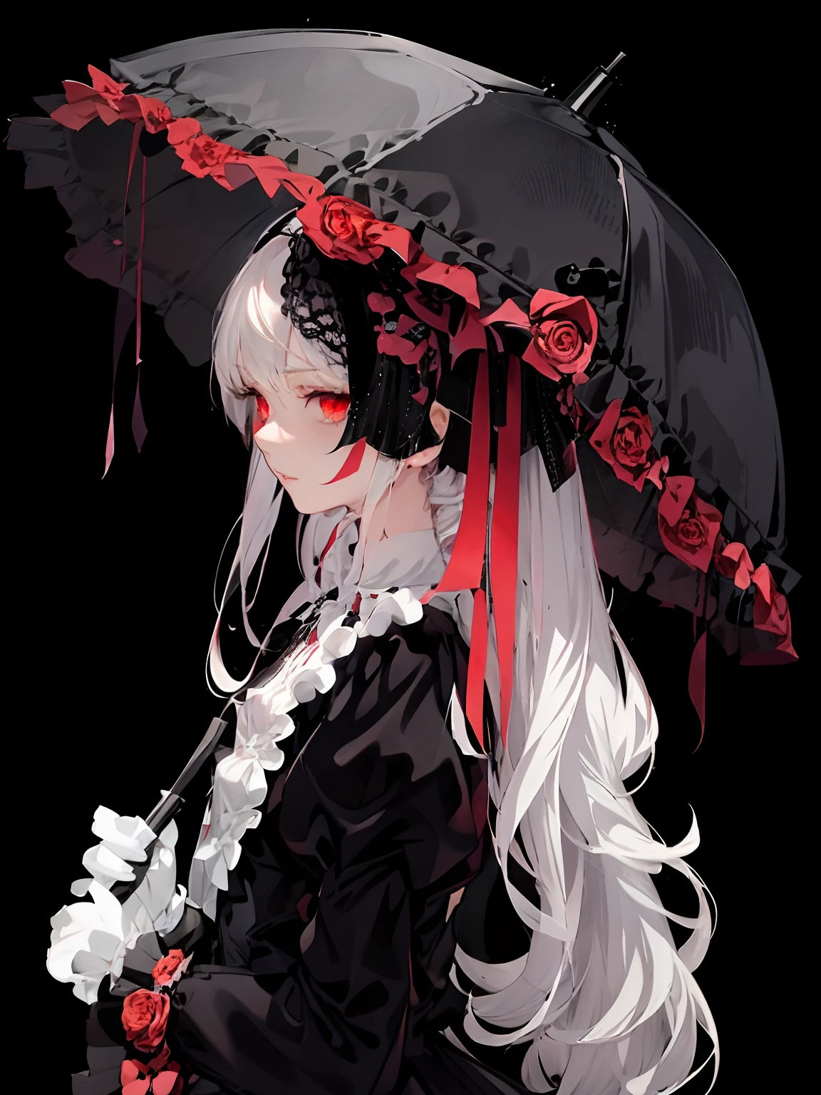 there is a woman with long white hair holding an [guarda-chuva, garota de anime de donzela gótica, bela arte de anime, retrato de lolita, bela arte de animework, [guarda-chuva, victorian gothic Moda Lolita, garota de anime usando um vestido preto, Anime do Pinterest, do desejo, arte de anime limpa e detalhada, guarda-sol, estilo lolita, garota anime demônio, Moda Lolita, arte digital no pixiv