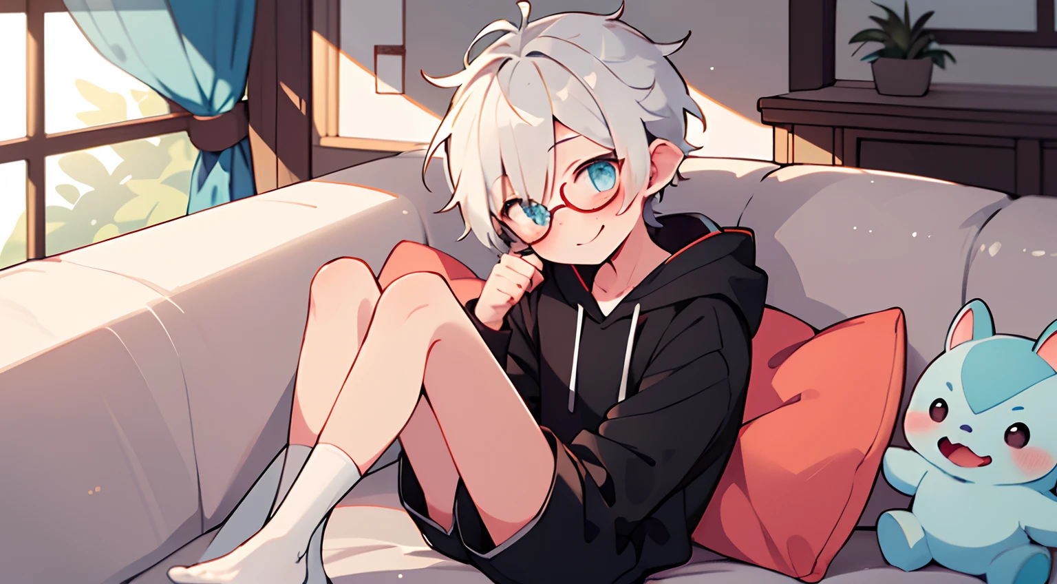 ((masterpiece)),(((best quality))), (high-quality, breathtaking),(expressive eyes, perfect face), 1boy, solo, male, short, young, small boy, short white hair, aquamarine eyes, goblin ears, smiling, wearing round glasses, blushing, oversize black hoodie, white short shorts, white socks, holding stuff animal, cute,sitting in the couch