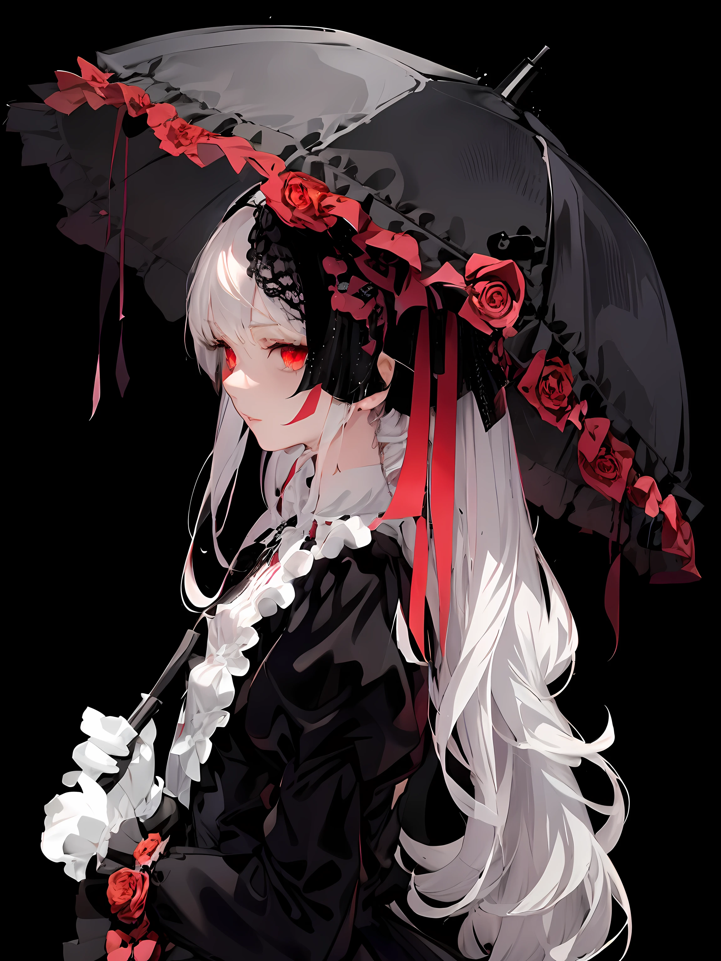 there is a woman with long white hair holding an [guarda-chuva, garota de anime de donzela gótica, bela arte de anime, retrato de lolita, bela arte de animework, [guarda-chuva, victorian gothic Moda Lolita, garota de anime usando um vestido preto, Anime do Pinterest, do desejo, arte de anime limpa e detalhada, guarda-sol, estilo lolita, garota anime demônio, Moda Lolita, arte digital no pixiv