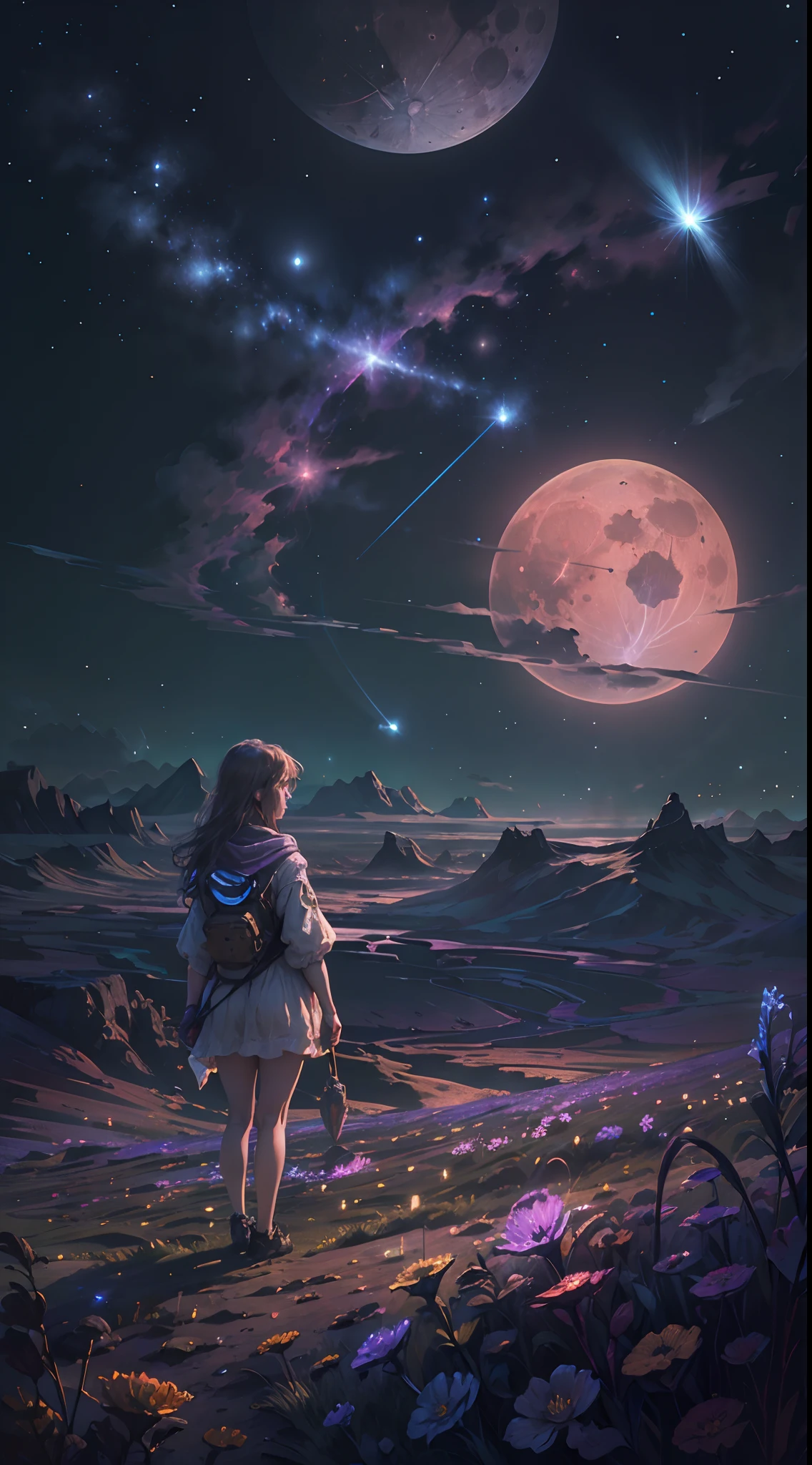expansive landscape photograph, (Look below.), Above is the sky, Below is an open field), A girl standing on a flower field looking up, (Full Moon: 1.2), (Meteor: 0.9), (Nebula: 1.3), distant mountain, Tree BREAK making art, (Warm light source: 1.2), (Firefly: 1.2), lights, Lots of purple and orange, complicated detail, volume lighting, Realism BREAK (Masterpiece: 1.2), （best quality）, Ultra-detailed, (Dynamic composition: 1.4), RAWExtremely detailed, Colorful details, (Rainbow colors: 1.2), (glowing lighting, atmospheric lighting), Dreamlike, Magical, (Solo: 1.2), 4k