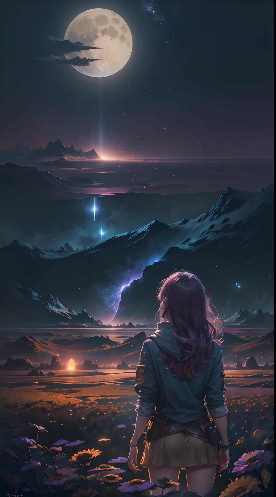 expansive landscape photograph, (Look below.), Above is the sky, Below is an open field), A girl standing on a flower field looking up, (Full Moon: 1.2), (Meteor: 0.9), (Nebula: 1.3), distant mountain, Tree BREAK making art, (Warm light source: 1.2), (Firefly: 1.2), lights, Lots of purple and orange, complicated detail, volume lighting, Realism BREAK (Masterpiece: 1.2), （best quality）, Ultra-detailed, (Dynamic composition: 1.4), RAWExtremely detailed, Colorful details, (Rainbow colors: 1.2), (glowing lighting, atmospheric lighting), Dreamlike, Magical, (Solo: 1.2), 4k
