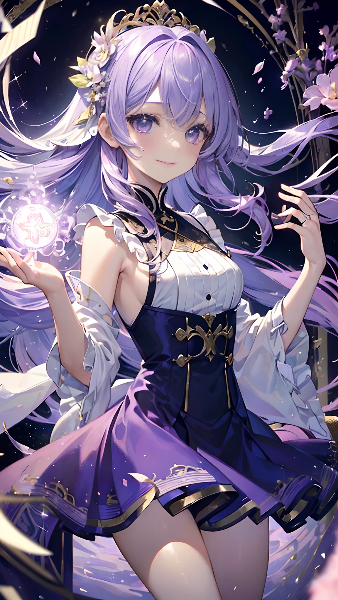 (((​masterpiece)))、(((top-quality)))、((ultra-detailliert))、(illustratio)、((extremely delicate and beautiful))、dynamic ungle、A smile、floating、Light purple hair、(beatiful detailed eyes)、(Detailed light) (1girl in)、独奏、floating_hair、radiant eyes、Twin-tailed、Purple Holter Dress、Adan、Tarot Cards、major arcana