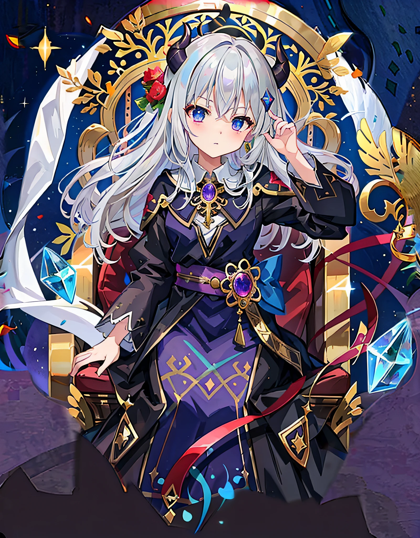 A beautiful maiden,Long silver-gray hair，Wearing a gorgeous long dark blue dress，The long dress has gorgeous gold patterns，sitting on an royal throne，Look ahead，Left hand raised，Serious face， blue djinn, high detailed official artwork, ornate supreme demon overlord