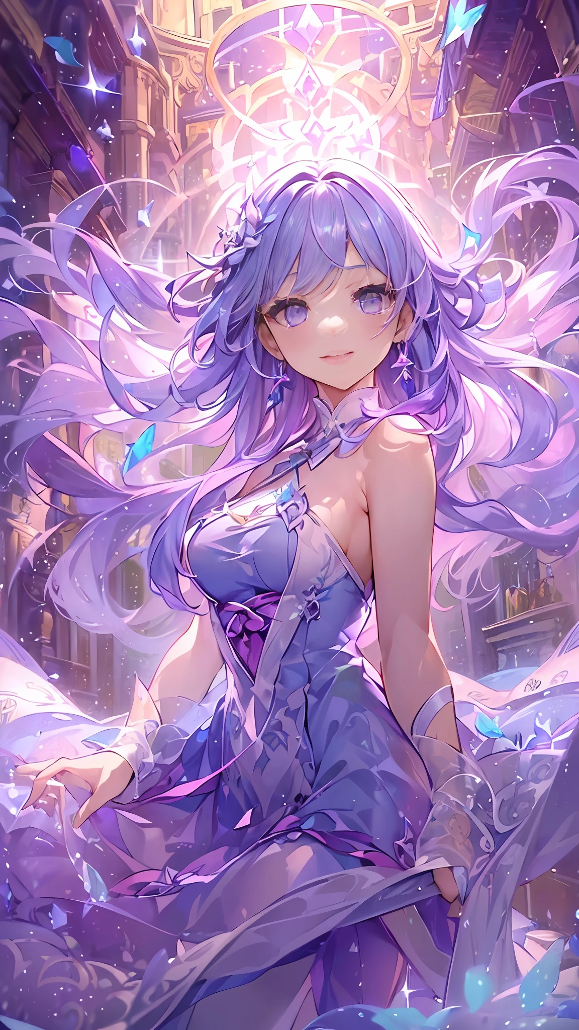 (((​masterpiece)))、(((top-quality)))、((ultra-detailliert))、(illustratio)、((extremely delicate and beautiful))、dynamic ungle、A smile、floating、Light purple hair、(beatiful detailed eyes)、(Detailed light) (1girl in)、独奏、floating_hair、radiant eyes、Twin-tailed、Purple Holter Dress、Adan、Tarot Cards