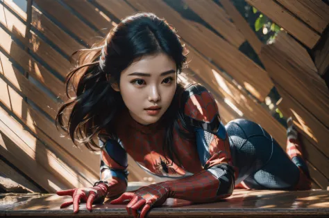 (Masterpiece), (intriciate detail), (Photorealistic:1.3), (film grain), Beautiful Woman, Japan actress, spider suit, valley, cli...