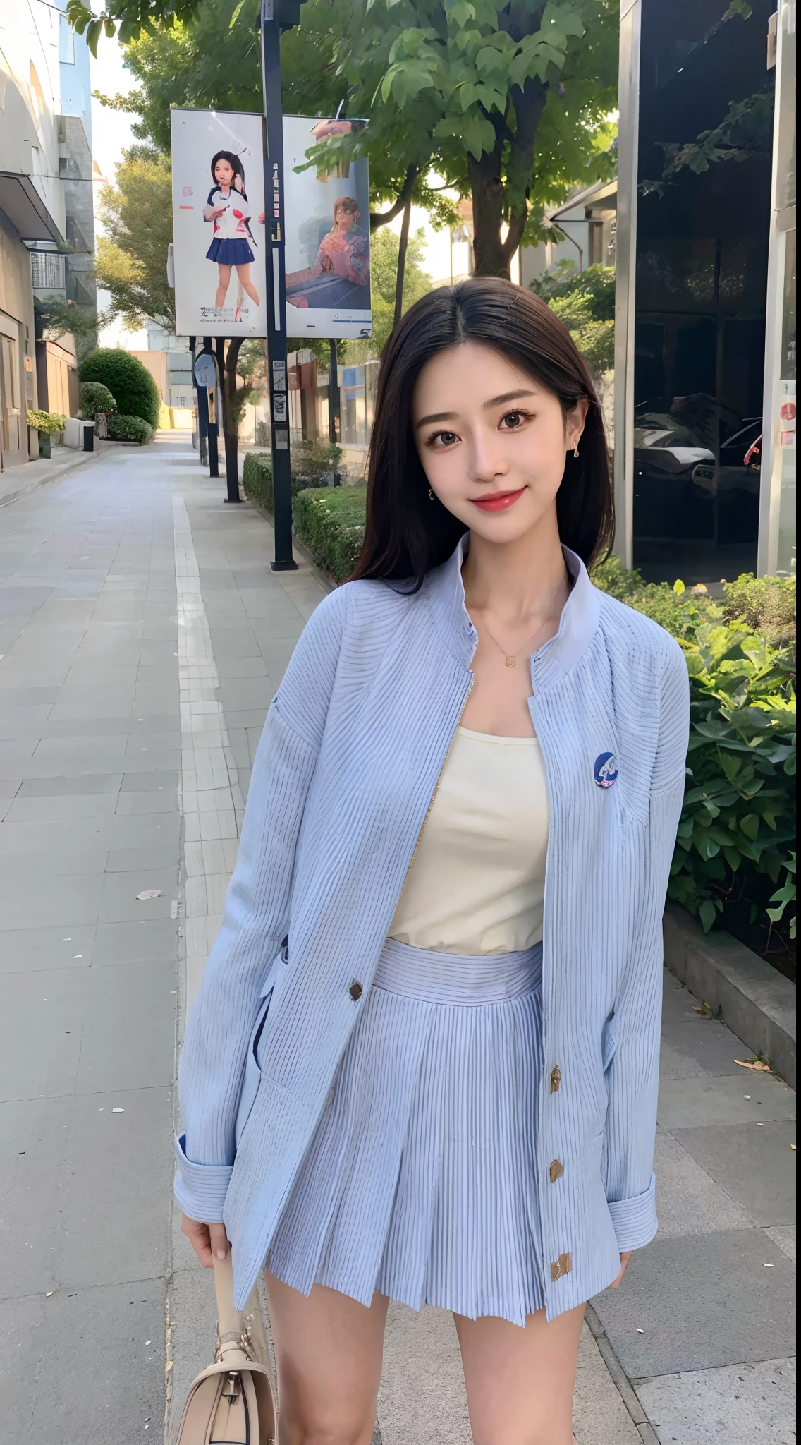 Arad woman posing for photo in blue jacket and skirt, Happy smile，loose coat collar sailor uniform, cropped shirt with jacket, wearing jacket and skirt, Magical school student uniform, reluvy5213, dilraba dilmurat, japanese girl school uniform, xintong chen, (Digital art), Cai Xukun, light blues