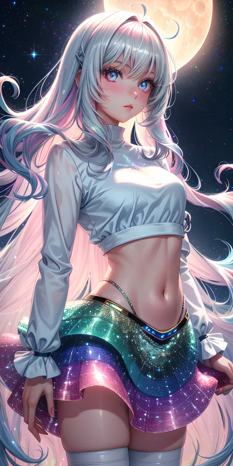 realistic, 1girl, holographic long wavy hair, heterochromic eyes, glowing eyes, holo crop top, holo skirt, parted lips, blush, m...