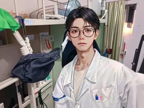 there is a man standing in a room with bunk beds, wearing lab coat and glasses, at the hospital in patient gown, 8k selfie photo...