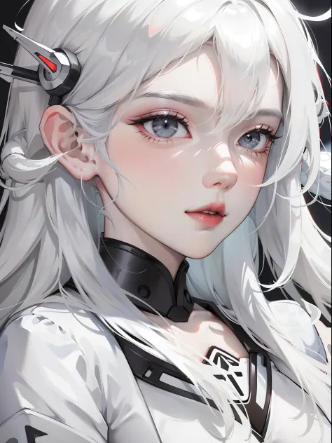 Close-up, anime girl, white hair, white eyes, white and grey clothes, white and grey accessories, mecha