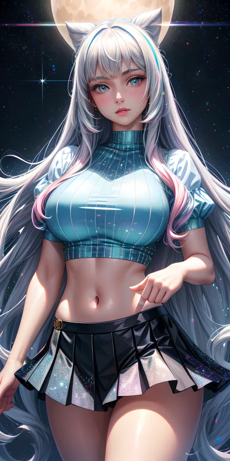 realistic, 1girl, Accent lighting, masterpiece, best quality, holographic long wavy hair, heterochromic eyes, holo crop top, hol...