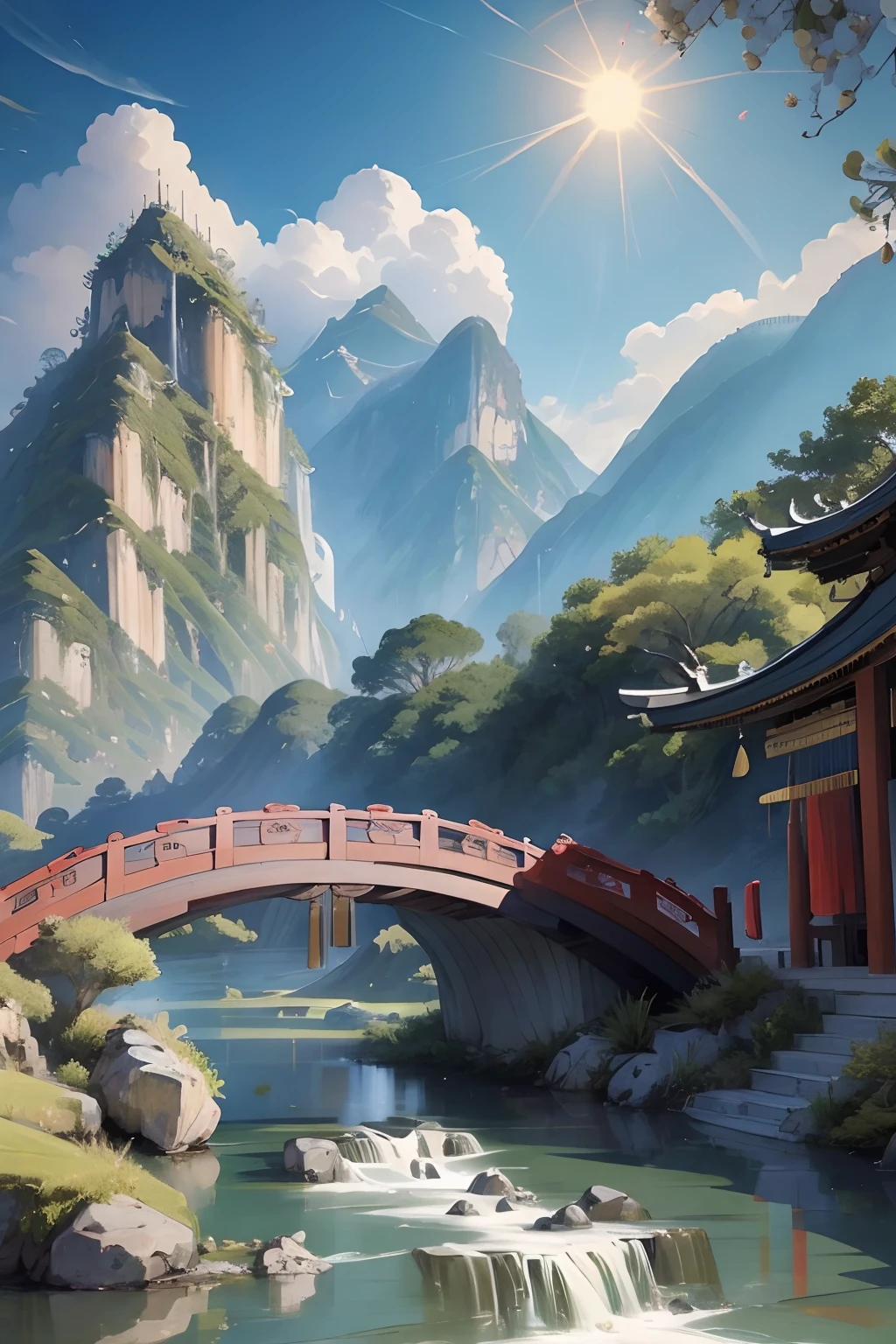 An ancient Chinese painting, ancient Chinese background, mountains, rivers, auspicious clouds, pavilions, sunshine, masterpieces, super detail, epic composition, ultra HD, high quality, extremely detailed, official art, unified 8k wallpaper, Super detail, 32k -- v 6 --auto