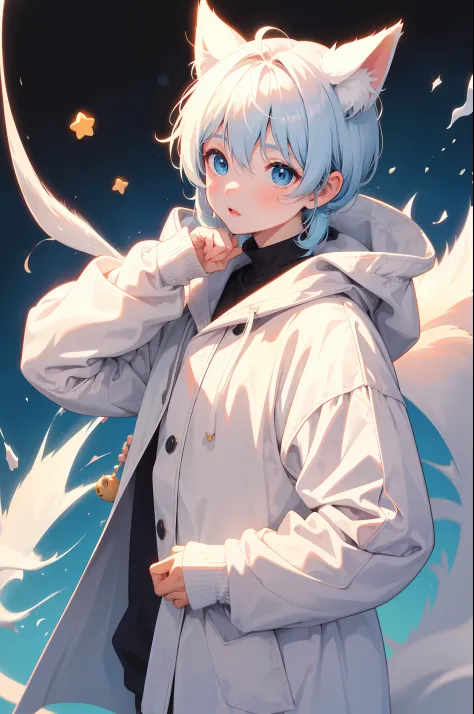 Soft moe anime style，Cute cat-eared boy with white fur，Light blue eyes，Q version emoji，Excellent anime drawing。