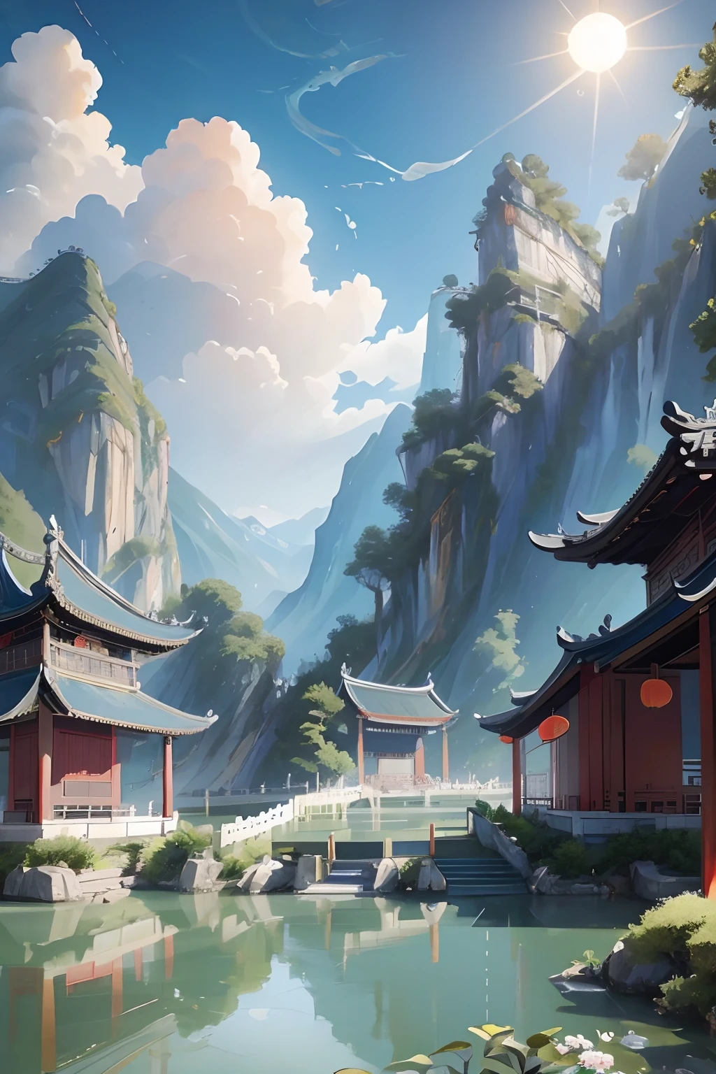 An ancient Chinese painting, ancient Chinese background, mountains, rivers, auspicious clouds, pavilions, sunshine, masterpieces, super detail, epic composition, ultra HD, high quality, extremely detailed, official art, unified 8k wallpaper, Super detail, 32k -- v 6 --auto