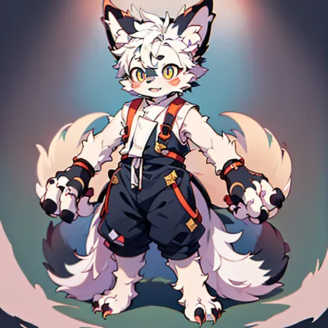 furry dogs forelimb hands hindlimb legs and feet standing shota little boy overall white head, arms, body, legs with bluish blac...