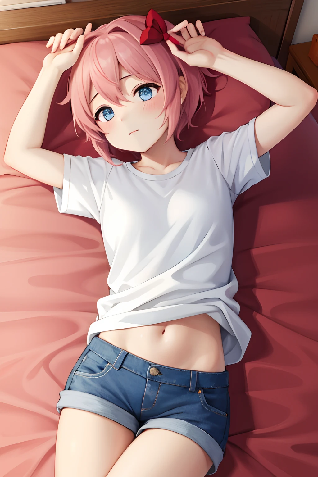 masterpiece, best quality, hd, 1girl, sayori, blue eyes, pink hair, hair bow, red bow, wear white t-shirt, wear short pants, lying on bed, bedroom, shy, blushing