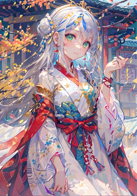 8k wallpaper, masterpiece,Cinematic Lighting, best quality,Illustration,dramatic angle, ((colorful:1.1)), ((colored inner hair:1.4)),solo
1girl, solo, white hair, long hair, hair bun, hanfu, green eyes, double bun, outdoors, looking at viewer, long sleeves...
