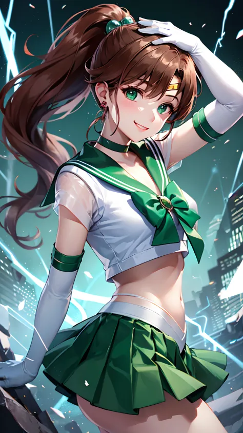 masterpiece, best quality, hi-res, jupiter 1, 1 girl, solo, low angle,sailor senshi uniform, sailor jupiter, makoto kino, reddis...