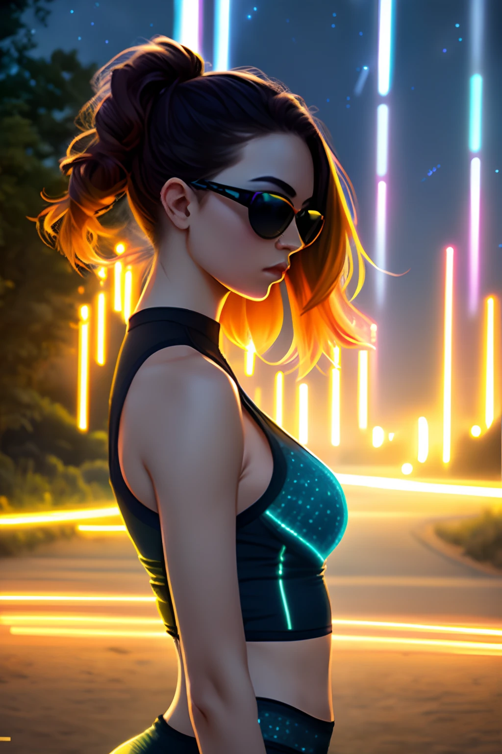 rgb, from_above, crop top, detailed face, yellow bodycon tank top, hair, park, sky, trees, pale skin, moonlight, stars, 1girl, statement sunglasses, woman,petite, vivid colors, bokeh background, subject for emphasis,dramatic colors,