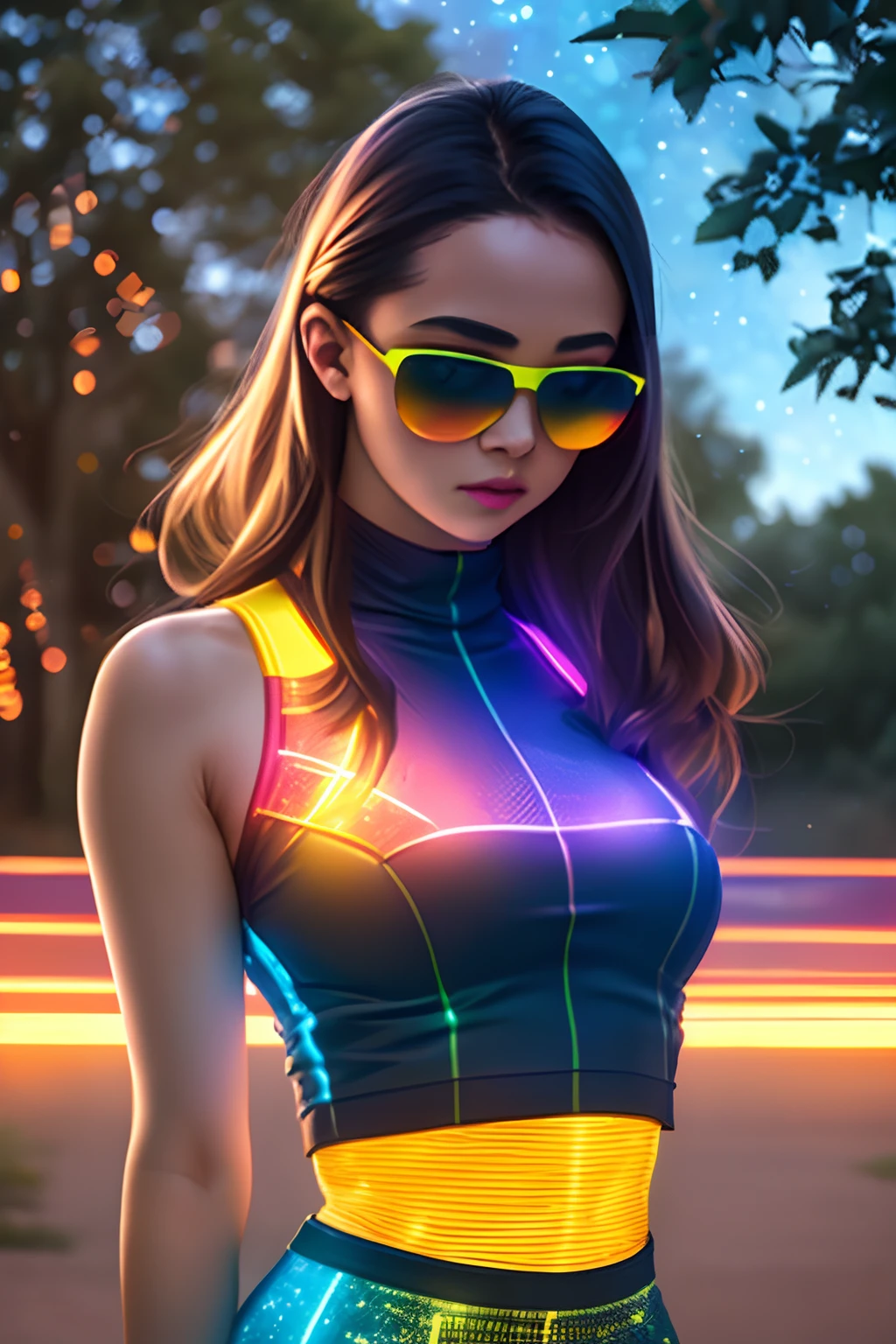 rgb, from_above, crop top, detailed face, yellow bodycon tank top, hair, park, sky, trees, pale skin, moonlight, stars, 1girl, statement sunglasses, woman,, vivid colors, bokeh background, subject for emphasis,dramatic colors,