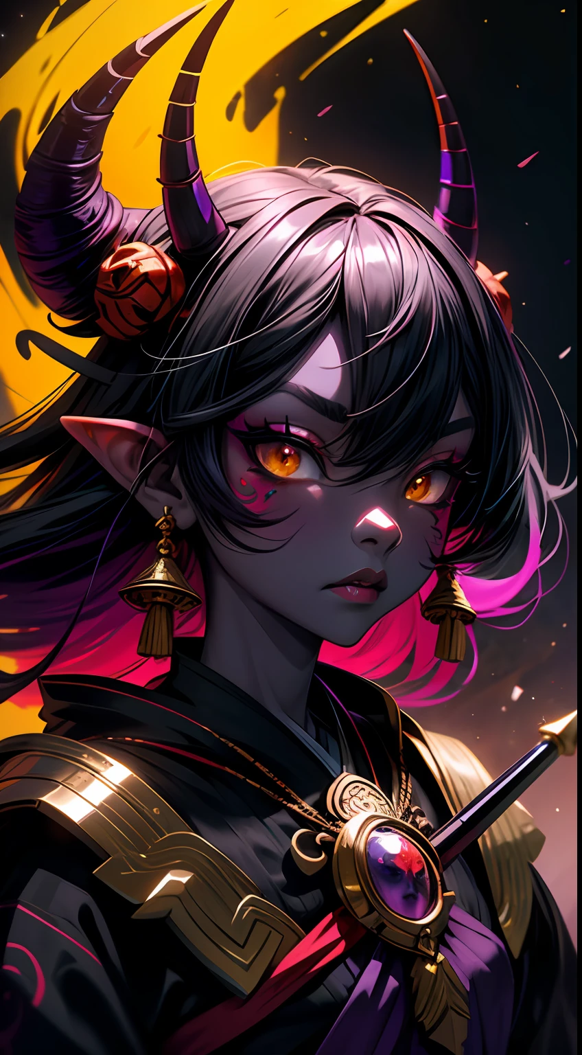 oni, demon girl, tribal face paint, twisted horns, ebony hair, ornate, dusky ((purple skin)), mountaintop, gazing at stars, contemplative, detailed face, dual daggers, flowing robe, wholesome