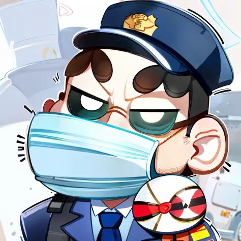 A caricature of a policeman with a gun and a mask, police officers!!, Character Design Police Man!!, High-quality fanart, surgical mask covering mouth, official fanart, security agent, Safebooru anime image, (sfv) safe to work, Character Design Police Man,...