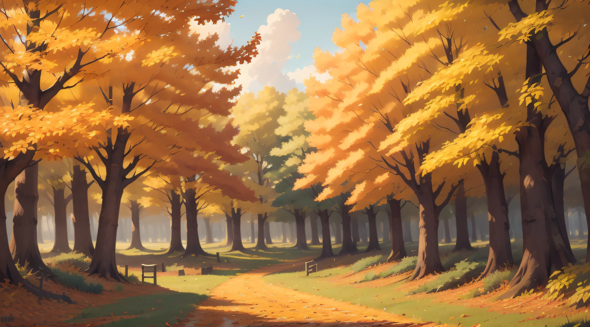 秋天的，树叶金黄秋风吹过，金色的树叶在空中飘落