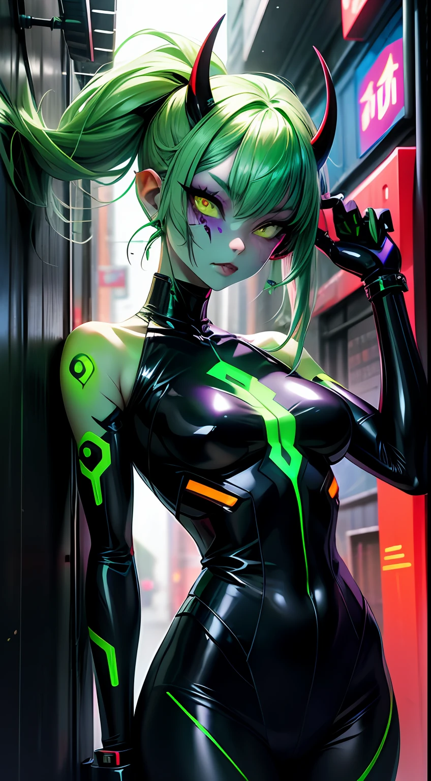 oni, demon girl, cybernetic facial scars, neon horns, indigo hair, futuristic, luminous ((green skin)), urban alley, leaning against wall, people-watching, detailed face, energy gauntlets, sleek leggings, wholesome