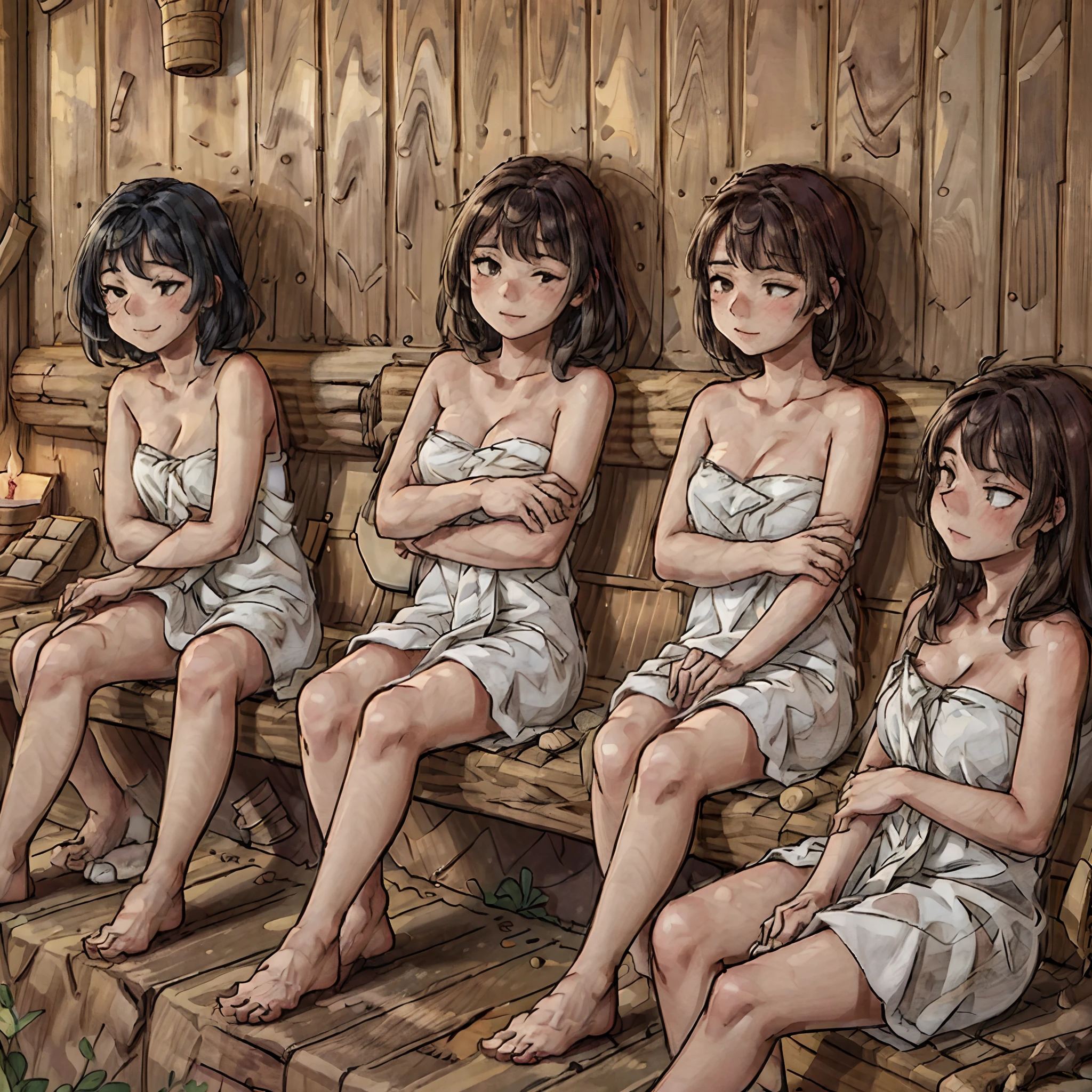 Amidst a rustic sauna hidden in the mountains, three women unwind in the embrace of a natural oasis, rough stone walls radiate heat, while wooden accents exude a sense of coziness, the scent of pine infusing the steamy air, their laughter echoing in the secluded haven, Mixed media sculpture, combining wood, stone, and textiles to convey the tactile sensations of the scene