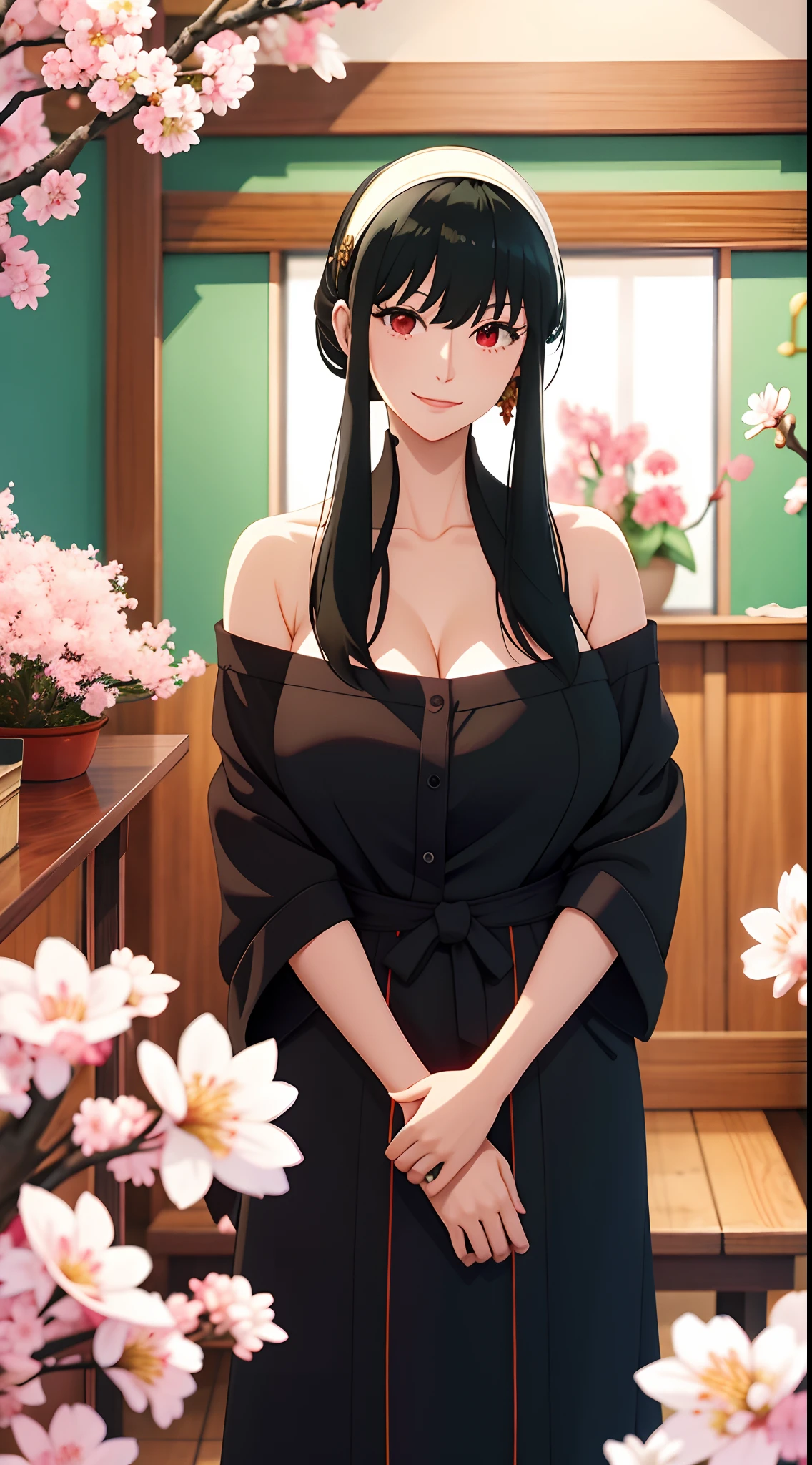 yor, Mature female,  bangs, side locks, Red eyes, Black hair, hair adornments, Huge breasts，sportrait, (face:1.2), schoolgirls, ssmile,bare shoulders​, Black hair, cherry blossom, cleavage, (Robe:1.21), 鎖骨, Willow Branch, (masterpiece best quality :1.2),