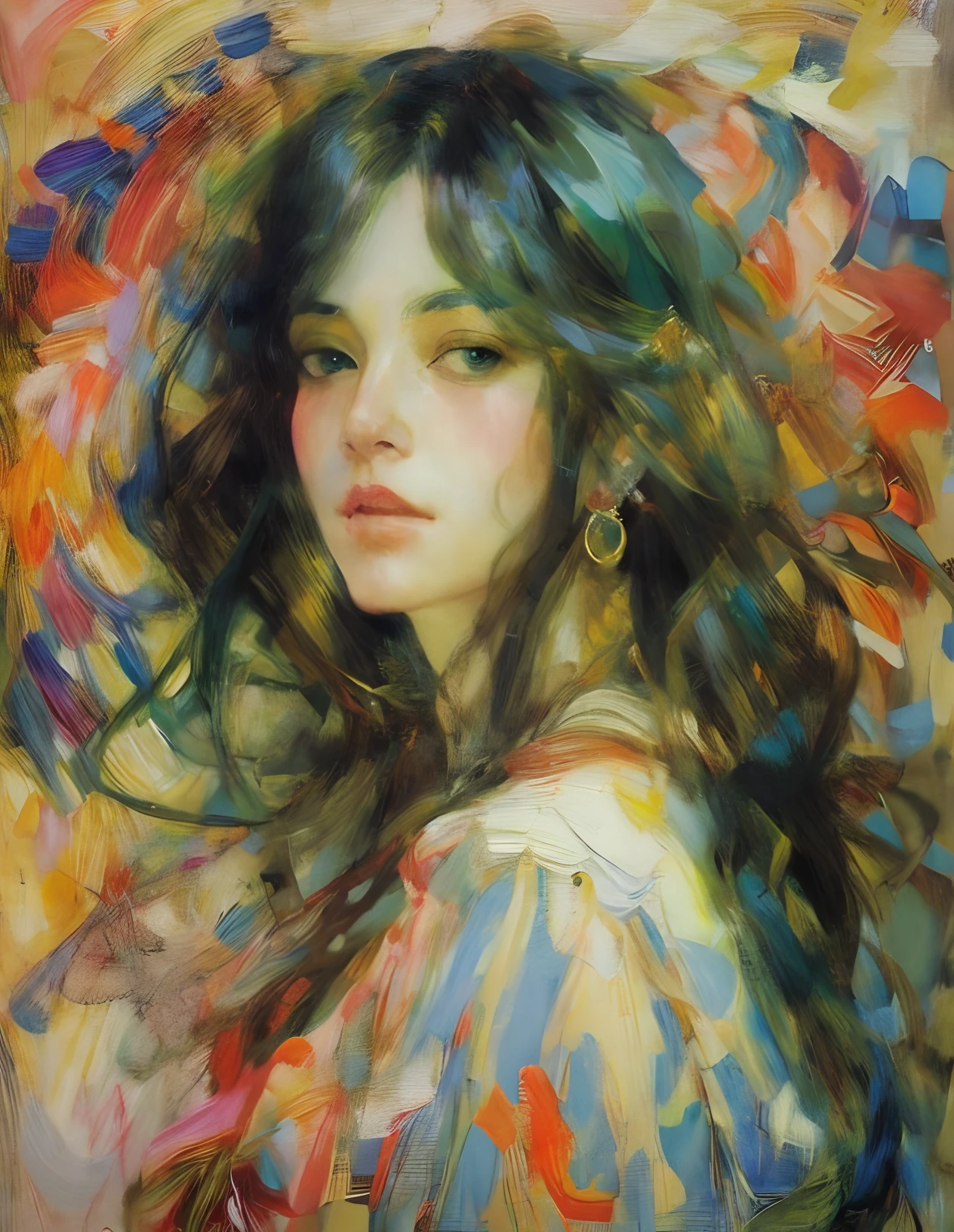 pintura colorida, sargent,mucha, fachada, 1 chica, una pieza, Un hermoso retrato de Nami., cara y ojos extremadamente detallados, pelo negro, pelo largo, labios