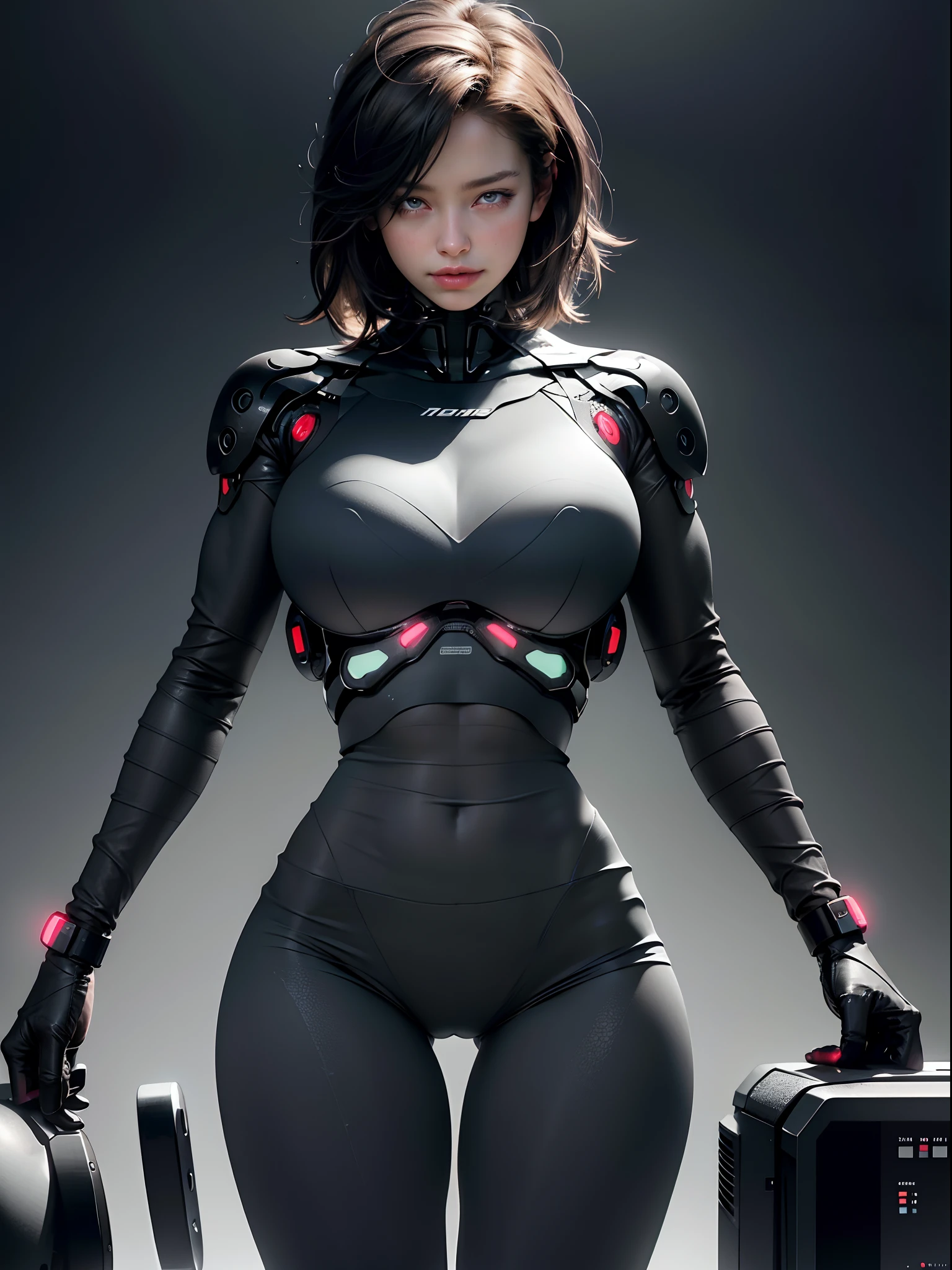 huge breast, Woman body defined thick thighs cybernetic body parts, short underwear,upper body,ultra high res, (photorealistic:1.4), raw photo,16K,dramatic lighting, hands on own breast,breast focus,Breast kneading