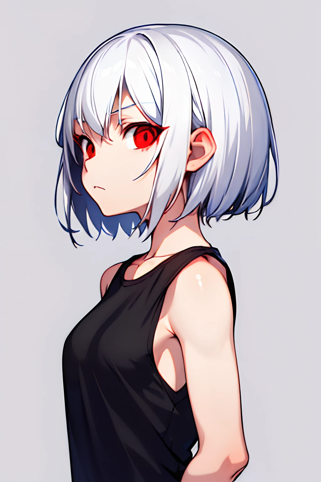 1girl, solo, white hair, red eyes, short hair, medium breasts, black tshirt, streetwear, masterpiece, best quality, upper body, grey background, emotionless