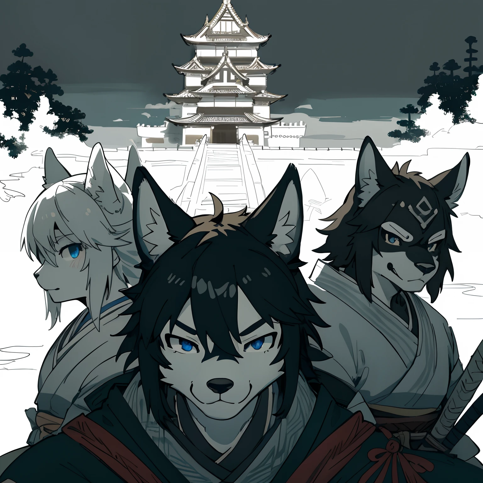 top quality, best quality, High-quality illustrations, masterpiece, super high resolution, detailed background, japanese castle, samurais, 6+boys, 6+girls, absurdres(highly detailed beautiful face and eyes)perfect anatomy, expression, good lighting, cinematic shadow(kemono, furry anthro)assorted poses, rough sketch, manga,
