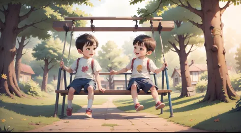 two little boys in kindergarten，swing together，two people sit on one side，face away from the picture