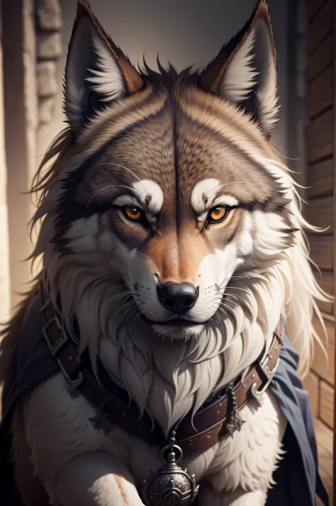 In the rugged lines etched upon the noble face of a weathered wolf, capture the essence of strength, bravery, and wisdom intertwined. Describe the fierce gaze that could pierce the depths of darkness, revealing the indomitable spirit within. Illuminate the...